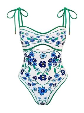 Jessie Zhao Floral One-Piece Reversible Swimsuit with Green Trim